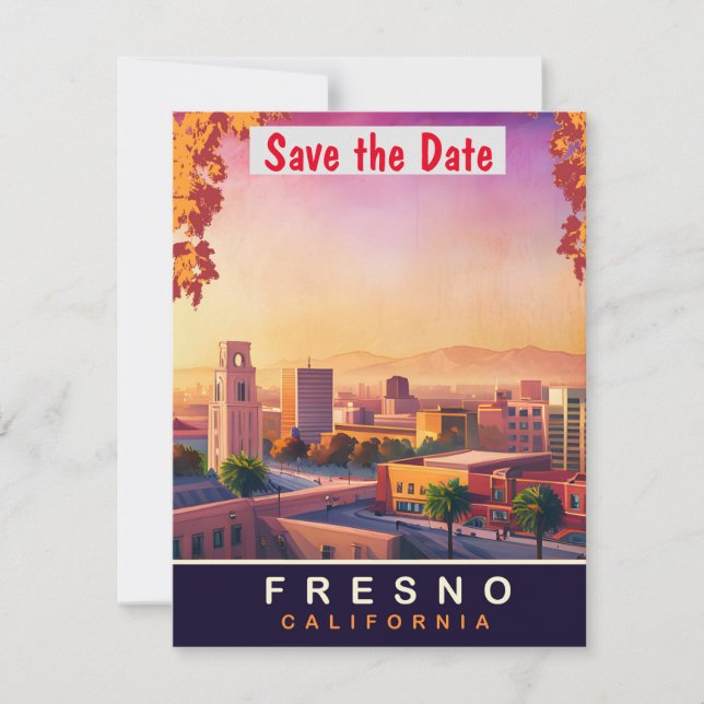 Fresno City Landmärke Pastell bröllopsinbjudan Spara Datumet (Framsida)