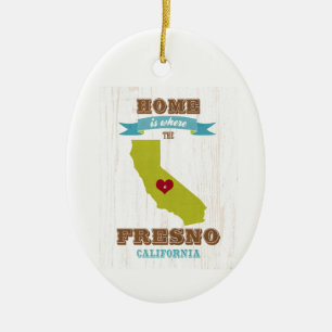Fresno, Kalifornien Karta - Hem är där hjärtat Julgransprydnad Keramik