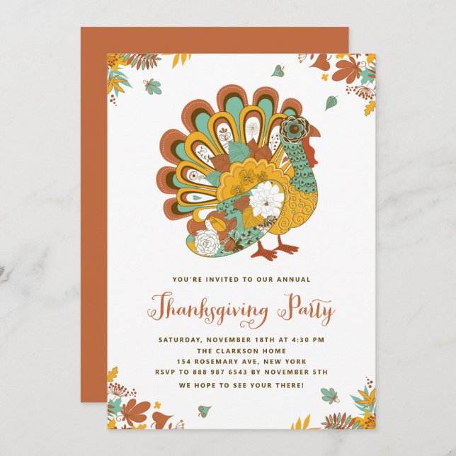 Fressiv Blommigt Turkiet Thanksgiving Party Inbjudningar (Fram/baksida)