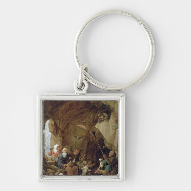 Frestelsen av St Anthony i en stenig Cavern Fyrkantig Silverfärgad Nyckelring (Framsidan)