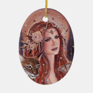 Freya guddess med Lynx av Renee Lavoie Julgransprydnad Keramik