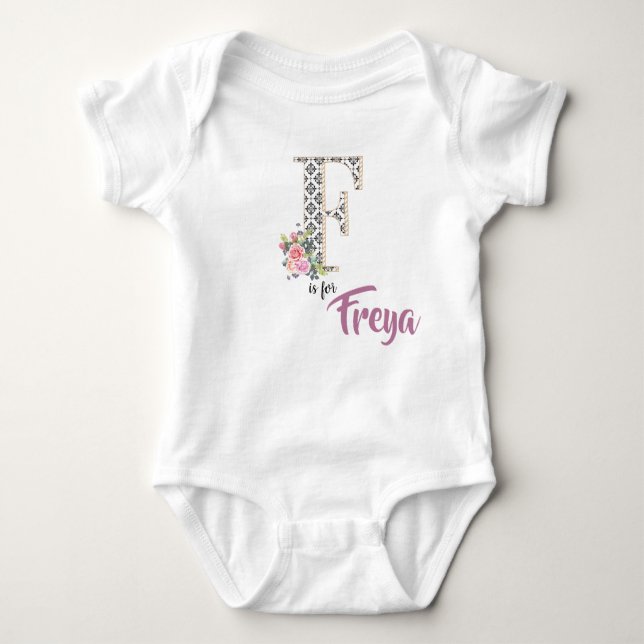 Freya Namn Reveal Outfit Brev F Blommigt Romper T Shirt (Framsida)