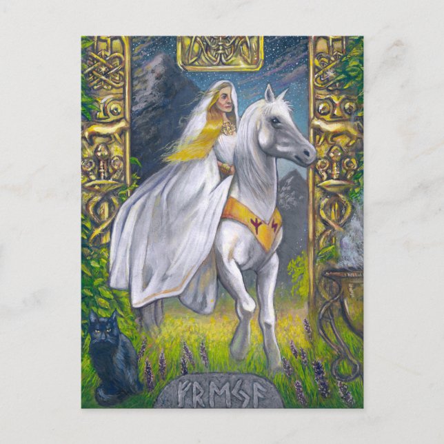 Freyja Rides genom Grinden Folkvangr Vykort (Framsida)