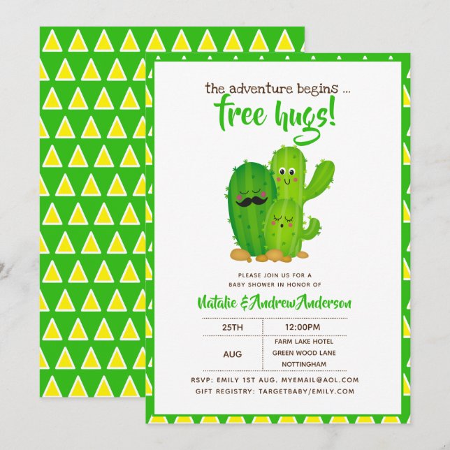 Fri Grönt för Modern Gult i Hugs Cacti-familjen Inbjudningar (Fram/baksida)