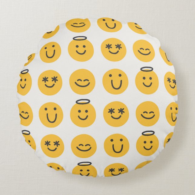 Fri lycklig-emoji, sömlös mönster. Positivt e Rund Kudde (Framsidan)