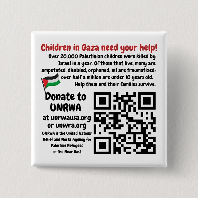 FRI PALESTINE - Hjälp Gaza Children UNRWA QR Code Knapp (Framsida)