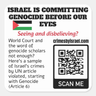 FRI PALESTINE - Israel Crimals UN Article QR Code Fyrkantigt Klistermärke