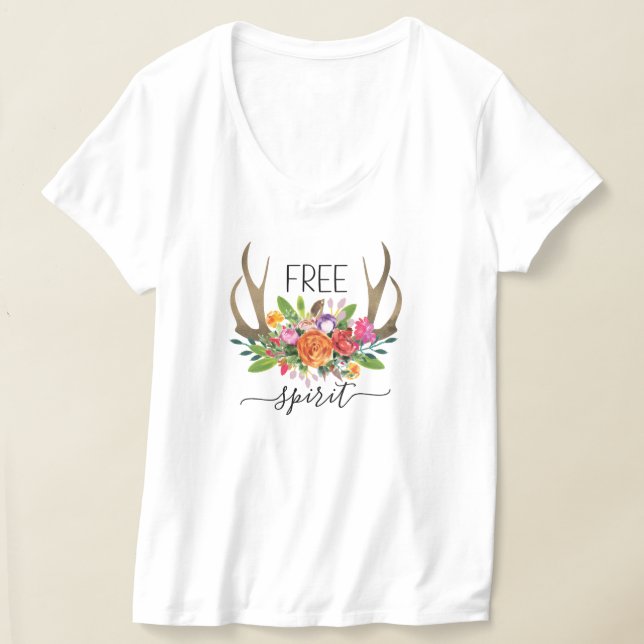 Fri Själ Modern Boho Chic Blommor Horn T Shirt (Laydown)