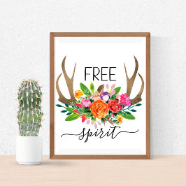 Fri spirit Modern Boho Chic Flowers Antlers Poster
