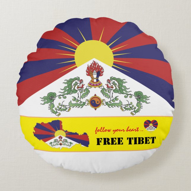 Fri Tibet och Tibetansk Flagga, Karta Heart/Tibet Rund Kudde (Framsidan)