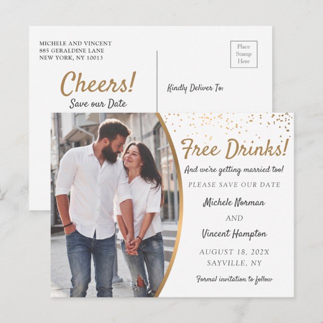 Fria drycker! Avslappnad Spara datum med foto Vykort (Fram/baksida)