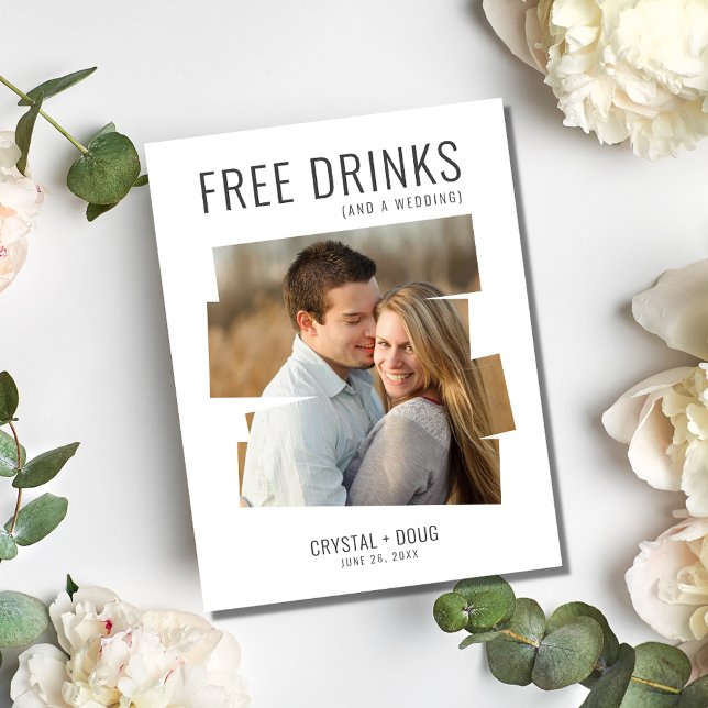 Fria drycker och en Bröllop-funny Spara datum Meddelande Vykort (Free Drinks and a Wedding Photo Save The Date)