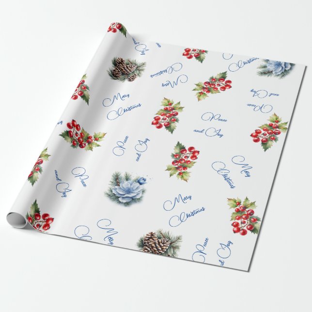 Frid & Glädje God Jul Röda Bär på Vitt Presentpapper (Utrullad)