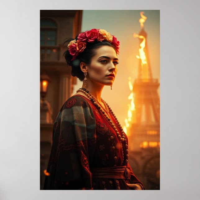 Frida in Flames - Surreal Porträtt Poster (Framsidan)
