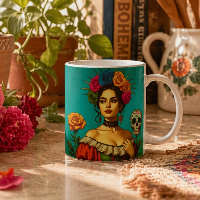 Frida Inspirerad Blommig Porträttkonst Kaffemugg (Skapare uppladdad)