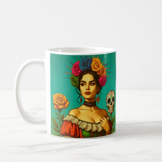 Frida Inspirerad Blommig Porträttkonst Kaffemugg (Vänster)