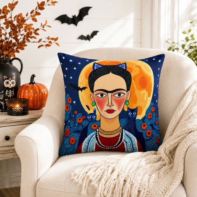 Frida Inspirerad Folk Art Svart Katt Fullmåne Boho Kudde (Skapare uppladdad)