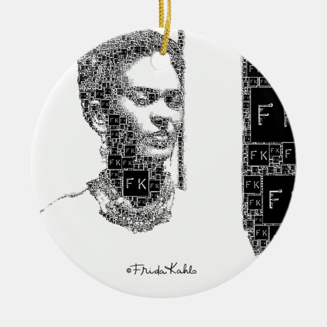Frida Kahlo Black och White Porträtt Julgransprydnad Keramik (Framsidan)