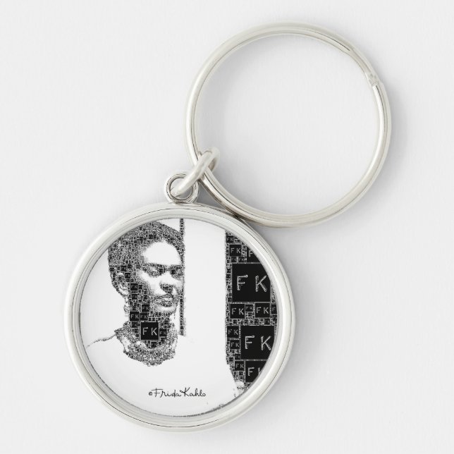 Frida Kahlo Black och White Porträtt Rund Silverfärgad Nyckelring (Framsidan)