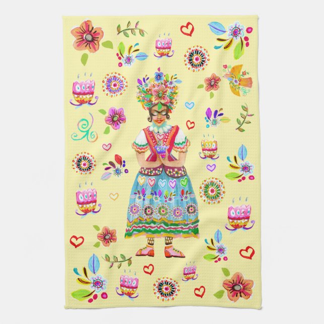 Frida Kahlo Blomma Folk Art Inspiration Kökshandduk (Vertikal)