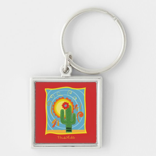 Frida Kahlo Cactus Graphic Fyrkantig Silverfärgad Nyckelring (Framsidan)