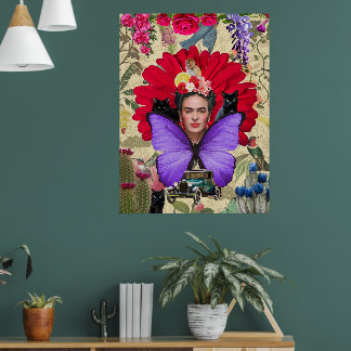 Frida Kahlo Cat Monkey Colorful Blommigt Collage Poster