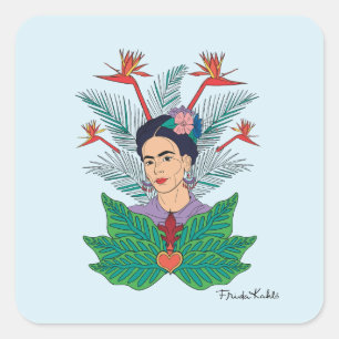 Frida Kahlo   Fåglar med Paradise Blommigt Graphic Fyrkantigt Klistermärke