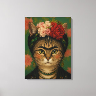 Frida Kahlo Kattporträtt Blommig Konsttryck Canvastryck