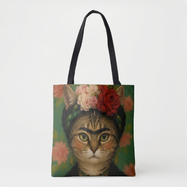 Frida Kahlo Kattporträtt Blommig Konsttryck  Tygkasse (Framsida)