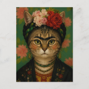 Frida Kahlo Kattporträtt Blommig Konsttryck Vykort