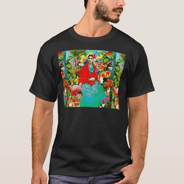 Frida Kahlo med mexikanska djur, växter, fåglar et T Shirt (Framsida)