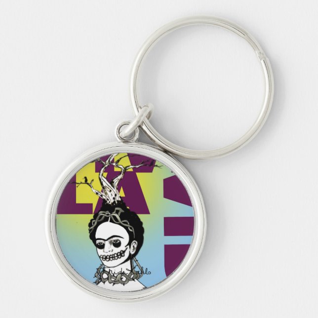 Frida Kahlo Pop Art Porträtt Rund Silverfärgad Nyckelring (Framsidan)
