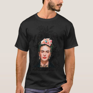Frida Kahlo porträtt färg, svartvit blomma T Shirt