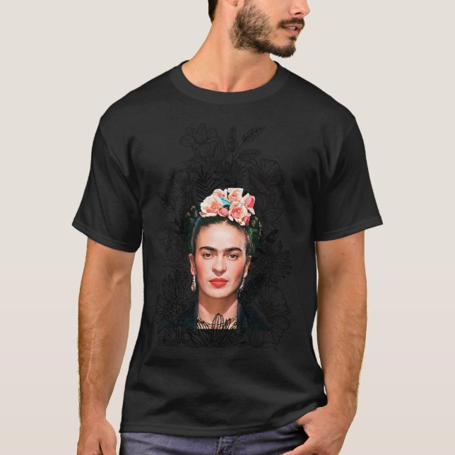 Frida Kahlo porträtt färg, svartvit blomma T Shirt (Framsida)
