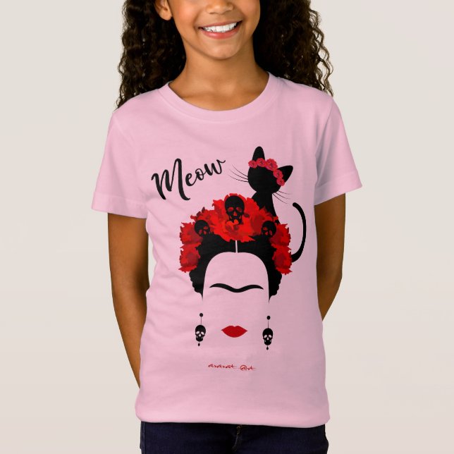 Frida Kahlo porträtt och söt meow meow Mexican Cat T Shirt (Framsida)