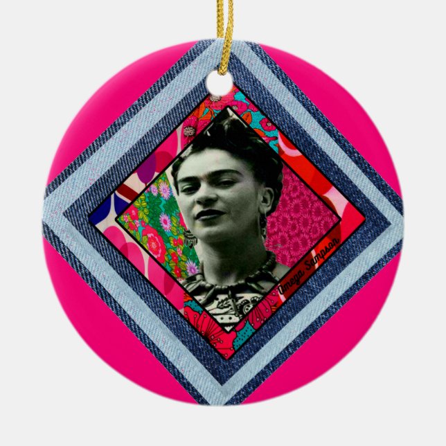Frida Kahlo Retro Denim Diamond Julgransprydnad Keramik (Framsidan)