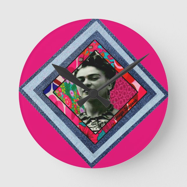 Frida Kahlo Retro Denim Diamond Rund Klocka (Framsida)