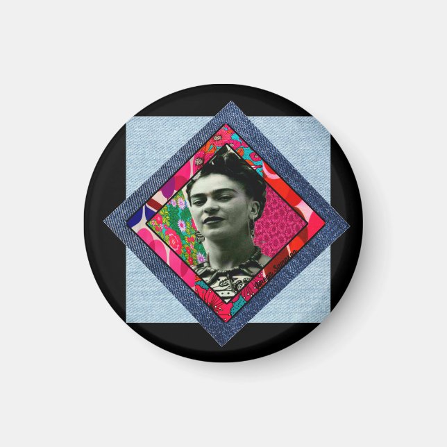 Frida Kahlo Retro Rosa Denim Magnet (Framsidan)