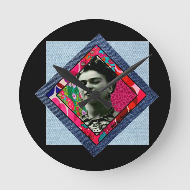 Frida Kahlo Retro Rosa Denim Rund Klocka (Framsida)