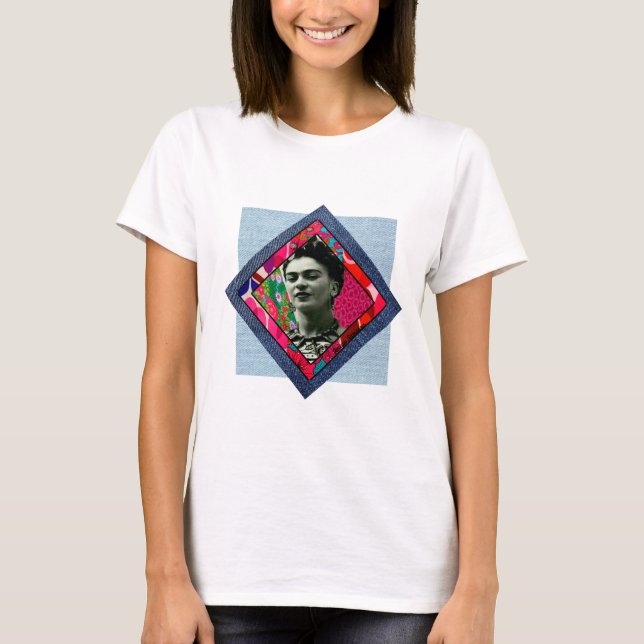 Frida Kahlo Retro Rosa Denim T Shirt (Framsida)