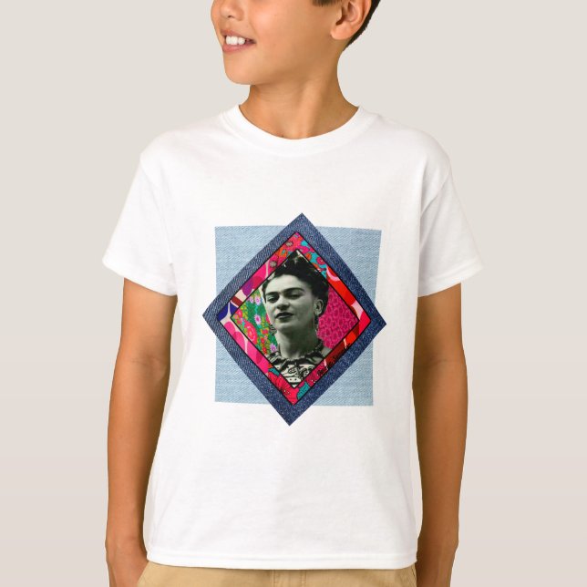 Frida Kahlo Retro Rosa Denim T Shirt (Framsida)