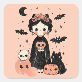 Frida Kahlo Rosa Pasteloween Spooky Cute Halloween Fyrkantigt Klistermärke