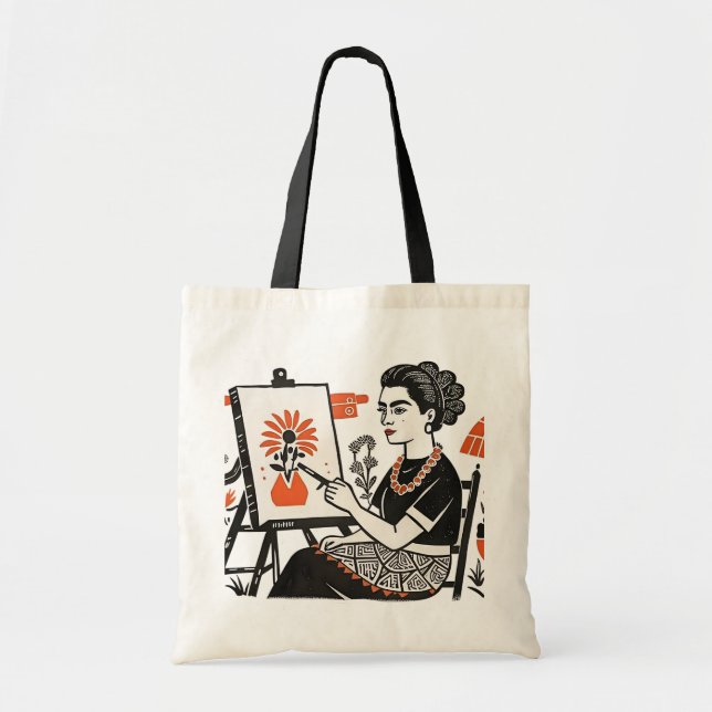Frida Kahlo sitta målar blommigt design stil Tygkasse (Framsidan)