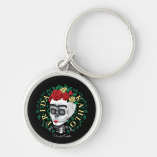 Frida Kahlo   Skull med Ro Krona Rund Silverfärgad Nyckelring