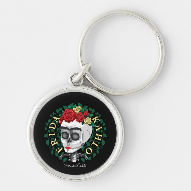 Frida Kahlo | Skull med Ro Krona Rund Silverfärgad Nyckelring (Framsidan)