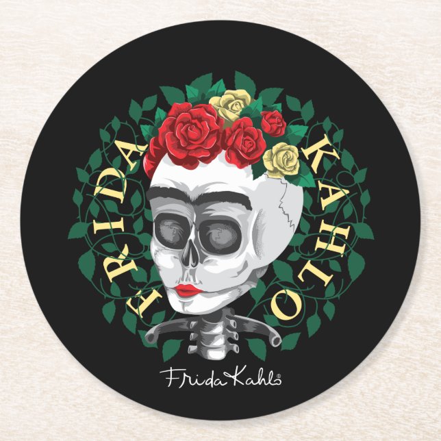 Frida Kahlo | Skull med Ro Krona Underlägg Papper Rund (Framsidan)