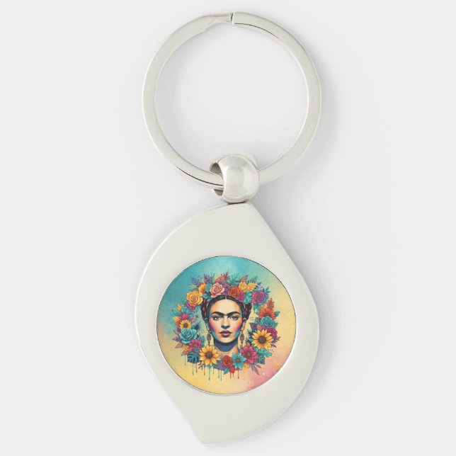 Frida Kahlo Swirl Silverfärgad Nyckelring (Framsidan)