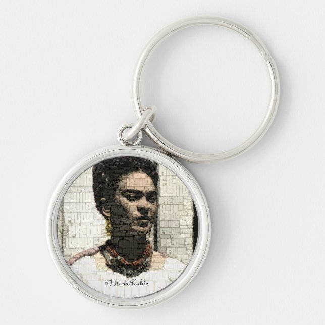Frida Kahlo Textile Porträtt Rund Silverfärgad Nyckelring (Framsidan)
