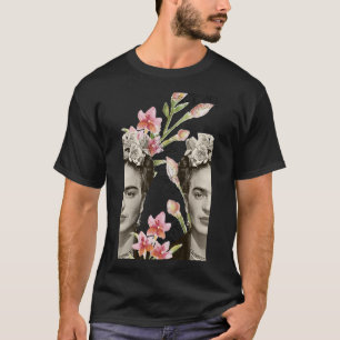 Frida Kahlo-tryckt, blommor, färg, svart och vitt T Shirt