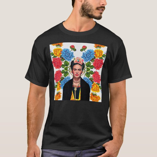 Frida Kahlo-utskrift, blommor, färg på vit mexikan T Shirt (Framsida)